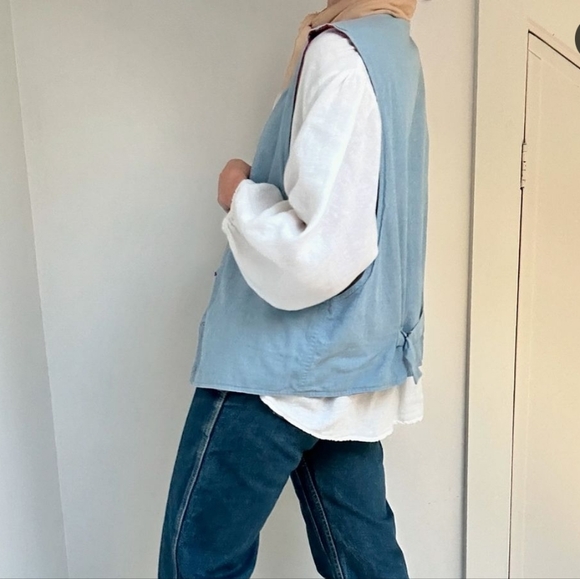 Vintage L.L. Bean Reversible Chambray Denim & Floral Print Vest Small - Picture 2 of 6